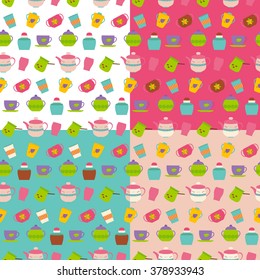 Cups and teapots seamless patterns. Vector illustration of teatime objects.