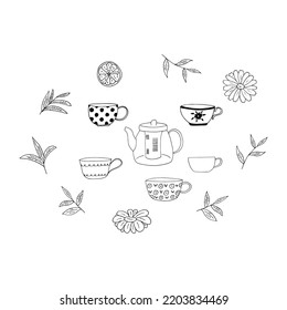 cups and teapots set hand drawn in doodle style. vector, minimalism, monochrome, scandinavian. icon, sticker.