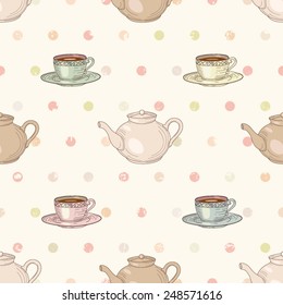 Cups and teapots with tea on polka dot background seamless pattern. Vintage engraving style