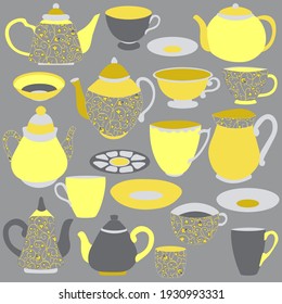 Cups, teapots with a yellow-gray pattern. Vector illustration
