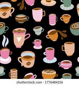 Cups vector pattern. Seamless background with coffee cups and mugs. Cute cafe digital paper