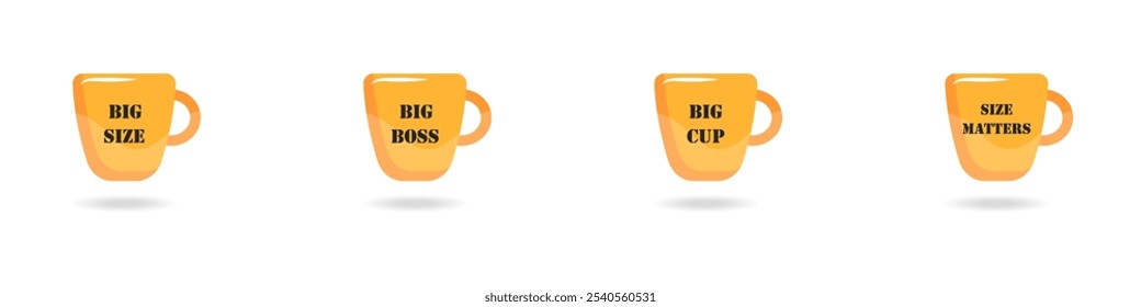 Cups vector set. Boss cup icon. Big cup size matters. Set of icons of cups with measuring marks. A stylish set of gift cups. Lettering on a cup concept icon.