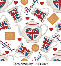 Cups wallpaper. England breakfast texture. Menu design. Tea seamless pattern. Decorative teapots and cups background. 