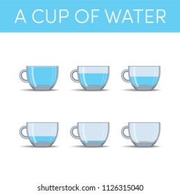 Cups Of Water, Vector Set. Simple Icons In Cartoon Style With Different Levels Of Water