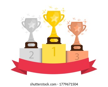 Cups for winners. Golden, silver and bronze cup. 1,2 and 3 place. Red ribbon. Vector flat style.