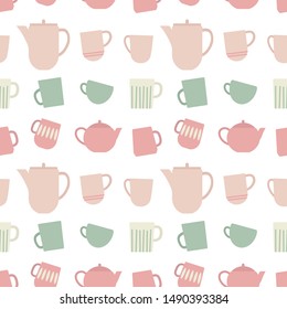 Cups,mugs and teapots seamless pattern. Cozy vector illustration. Hygge life style.