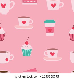 Cups,mugs,cupcakes,cakes and muffins seamless repeat vector pattern for wrapping paper,print,fabrics.