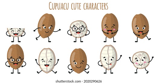 Cupuacu fruit cute funny cheerful characters with different poses and emotions. Natural vitamin antioxidant detox food collection. Vector cartoon isolated illustration. Children concept.