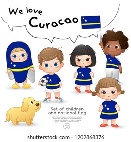 Curacao : Boys and girls holding flag and wearing shirts with national flag print : Vector Illustration