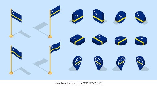 Curacao flag. 3D isometric flag set icon. Editable vector for banner, poster, presentation, infographic, website, apps, maps, and other uses.