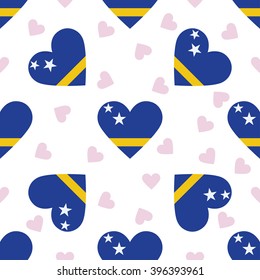Curacao flag independence day seamless pattern. Patriotic country flag background. Curacao flag in the shape of heart. Vector seamless pattern.