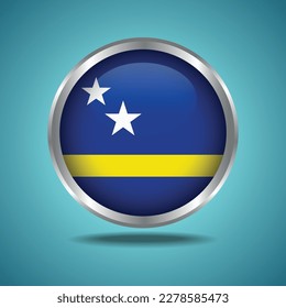 The Curacao flag. Round glossy. Silver frame. Isolated on color gradient background