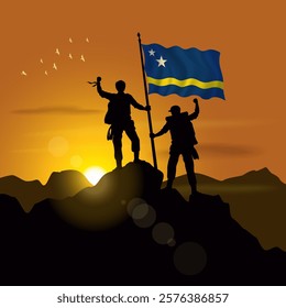 Curacao flag, silhouette of two climbers holding flags at sunset