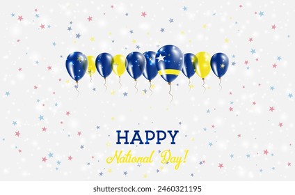 Curacao Independence Day Sparkling Patriotic Poster. Row of Balloons in Colors of the Dutch Flag. Greeting Card with National Flags, Confetti and Stars.