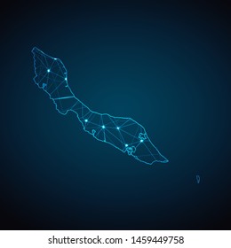 Curacao Map - Abstract geometric mesh polygonal network line, structure and point scales on dark background with lights in the form of cities. Vector illustration eps 10.