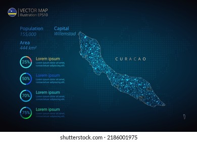 Curacao map infographics vector template with abstract geometric mesh polygonal light concept on blue background. Template for diagram, graph, presentation and chart.