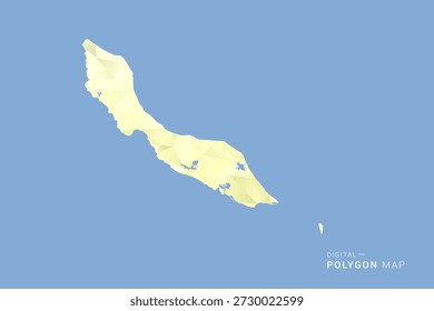 curacao Mapa en estilo de Vector de polígono de polietileno bajo, ilustración de forma geométrica con tonos amarillos suaves sobre fondo azul, silueta limpia para infografía.
