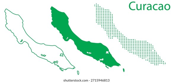 Conjunto de Vectores de mapa de Curazao, Silueta de contorno del Caribe Formas macizas 3D punteadas, Plantilla de infografía Country de Curazao, EPS editable Curazao Geografía