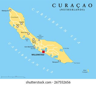 Curacao Political Map with capital Willemstad and important cities. English labeling and scaling. Illustration.