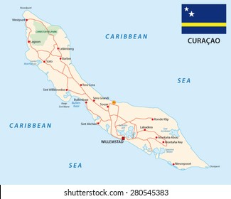 Curacao Road Map With Flag