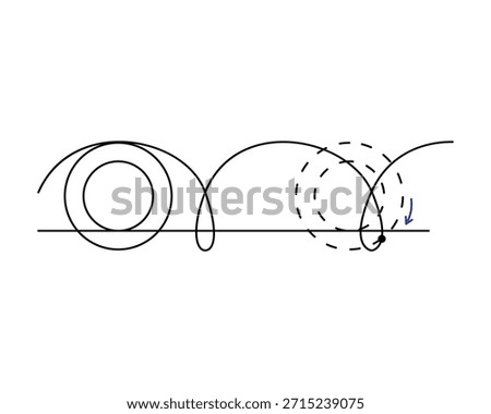 Curate cycloid depiction with black concentric circles moving from left to right. Follows the path of a point on the outer edge of the circle with a blue arrow pointing in the direction of motion of the point. Mean to depict motion of a train wheel on a railway. White background.
