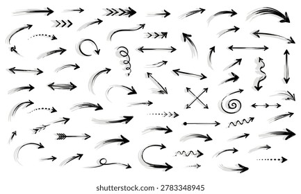 A curated assortment of graphic arrow elements sketched with dynamic brush strokes ideal for conveying progression choice or navigation in design projects.