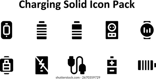 Una colección seleccionada de 10 íconos de estilo Solid Fill centrados en Charging. Ideal para proyectos creativos, tecnológicos o empresariales.