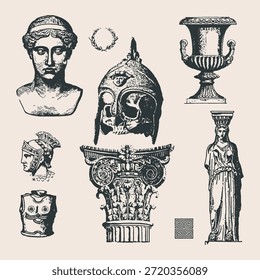 Una colección seleccionada de ilustraciones clásicas de la antigüedad que incluyen estatuas griegas, columnas romanas y artefactos guerreros en un estilo de grabado vintage en blanco y negro.