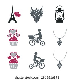A curated collection of diverse icons including the Eiffel Tower, a dragon head, a vintage lantern, a cupcake, a cyclist, and a pendant necklace. Isolated on a white background.