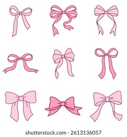 Curated collection of elegant pink ribbon bows in various coquette and vintage styles, isolated on white background, perfect for decorative design, packaging, celebration, or vector illustration use