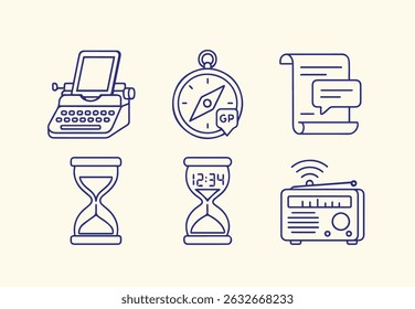 A curated collection of iconic symbols representing time, communication, and navigation, presented in a clean, modern line art style.