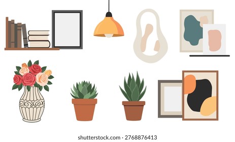 Curated collection of modern home decor essentials, featuring books on a shelf, a stylish pendant lamp, abstract wall art, and thriving potted plants.