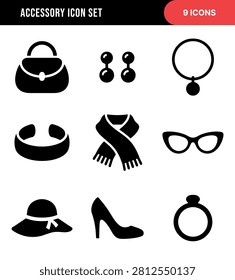 A curated collection of nine distinct black silhouette icons representing various fashion accessories commonly used for personal adornment and style.