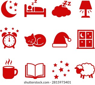 A curated collection of simple red icons representing sleep bedtime routines and relaxation. Ideal for illustrating concepts of rest and nocturnal activities.
