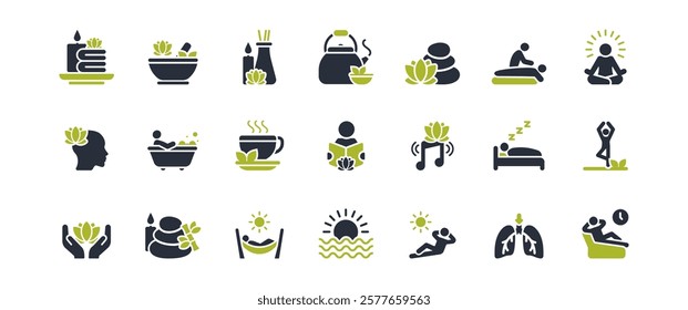 A curated collection of vector icons representing relaxation, yoga, meditation, spa treatments, and natures calm. Perfect for inspiring selfcare themes and enhancing wellness projects