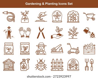 Una colección seleccionada de iconos de arte de línea de Vector que representan actividades de jardinería y plantación, con herramientas, plantas y Elementos relacionados para los entusiastas de la horticultura.