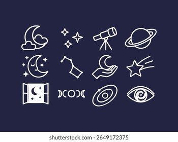 A curated collection of whimsical space themed icons featuring celestial bodies constellations and instruments for exploring the cosmos in a clean simple style