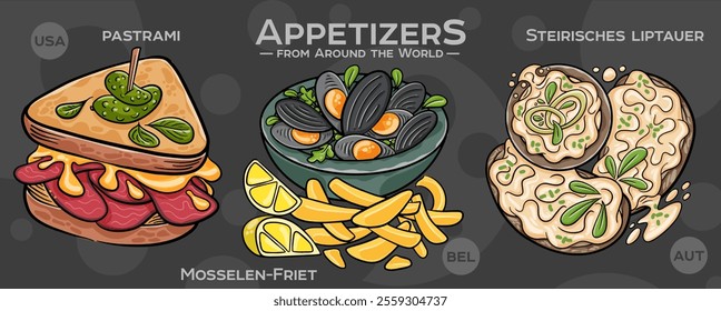 A curated collection of the world's most iconic and delicious appetizers. Isolated vector illustration hand-drawn