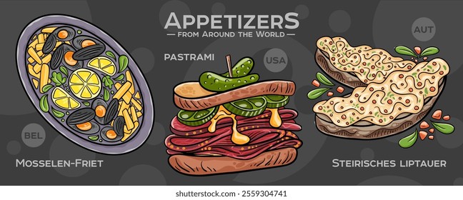 A curated collection of the world's most iconic and delicious appetizers. Isolated vector illustration hand-drawn