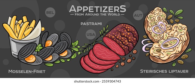 A curated collection of the world's most iconic and delicious appetizers. Isolated vector illustration hand-drawn