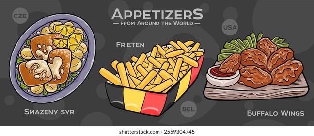 A curated collection of the world's most iconic and delicious appetizers. Isolated vector illustration hand-drawn