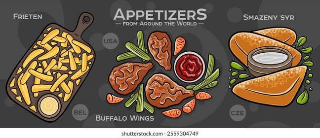 A curated collection of the world's most iconic and delicious appetizers. Isolated vector illustration hand-drawn