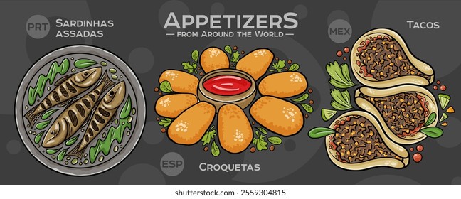 A curated collection of the world's most iconic and delicious appetizers. Isolated vector illustration hand-drawn