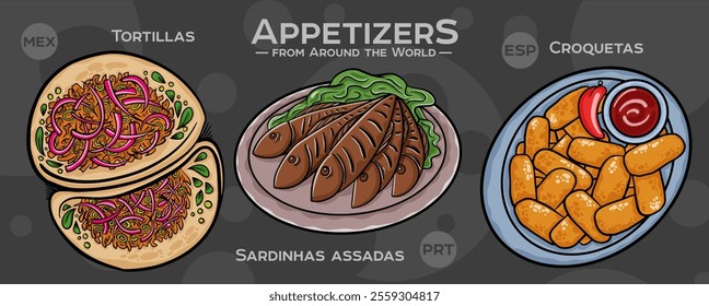 A curated collection of the world's most iconic and delicious appetizers. Isolated vector illustration hand-drawn