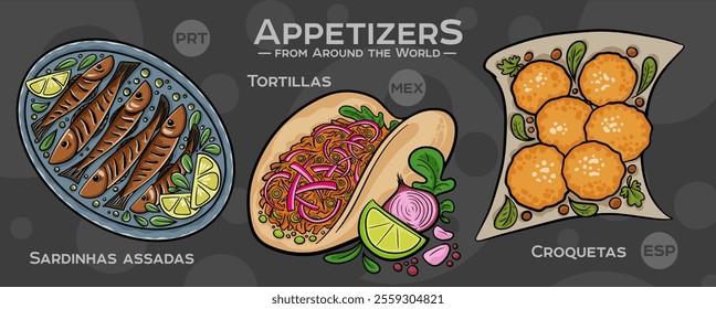 A curated collection of the world's most iconic and delicious appetizers. Isolated vector illustration hand-drawn