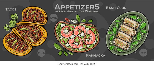 A curated collection of the world's most iconic and delicious appetizers. Isolated vector illustration hand-drawn