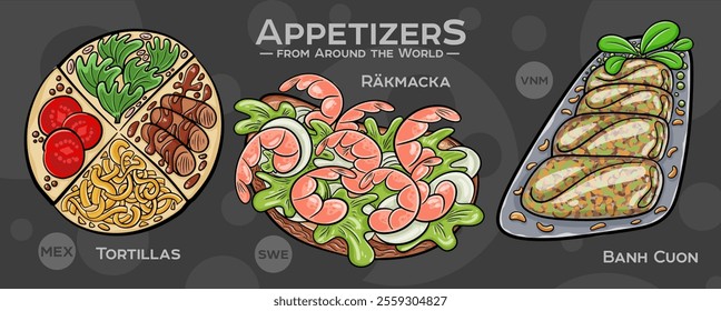 A curated collection of the world's most iconic and delicious appetizers. Isolated vector illustration hand-drawn