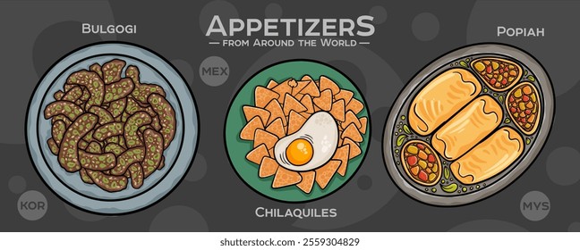 A curated collection of the world's most iconic and delicious appetizers. Isolated vector illustration hand-drawn