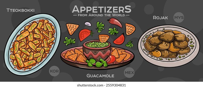 A curated collection of the world's most iconic and delicious appetizers. Isolated vector illustration hand-drawn