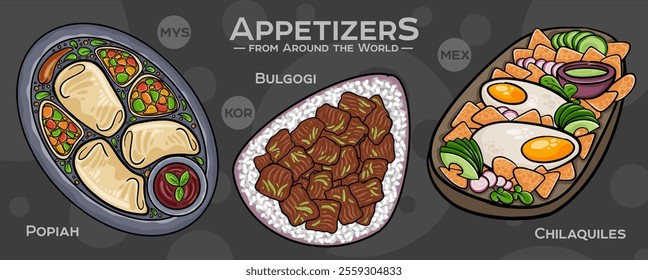 A curated collection of the world's most iconic and delicious appetizers. Isolated vector illustration hand-drawn